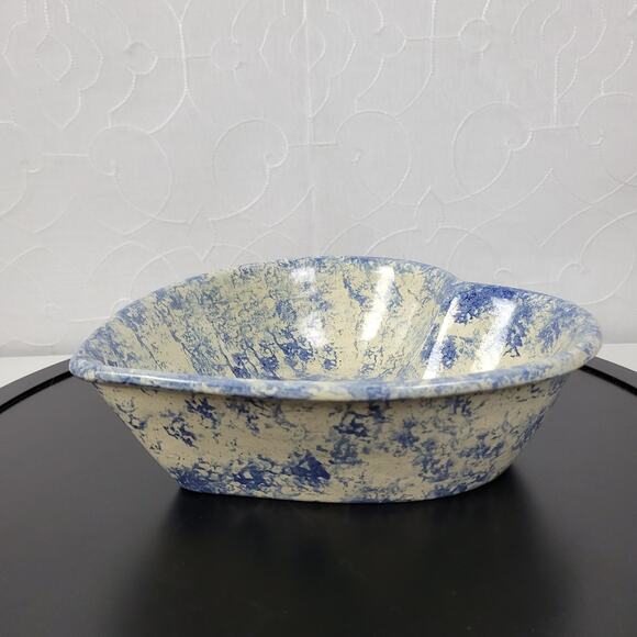 Vintage 3 pcs Set Heart Shaped Nesting Bowls White Blue Sponge Paint Pottery Art - Picture 8 of 16